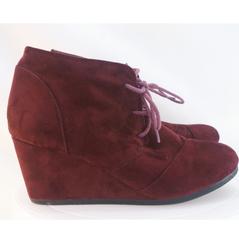 Dream Pairs TOMSON Burgundy Faux Suede Lace Up Wedge Ankle Booties Size 7 Vegan